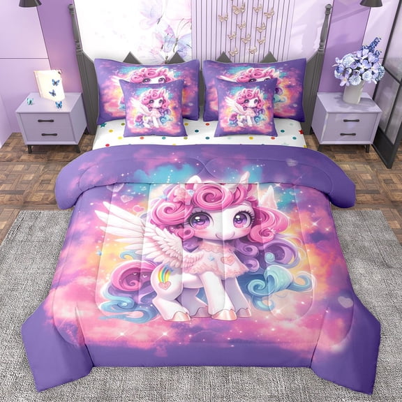 Castle Fairy Cartoon Animal Unicorn Twin Bedding Sets 7-Piece for Preppy Child Girls,Dreamy Princess Bedding Comforter Set Microfiber,Universe Galaxy Breathable Sheet Sets,Microfiber Bedroom Decor