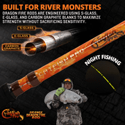 Catfish Pro Orange Dragon Fire Catfish Casting Rod, 7'6 One-Piece Medium Action Glow-in-the-Dark Fishing Rod, S-Glass/E-Glass/Carbon Graphite Blank