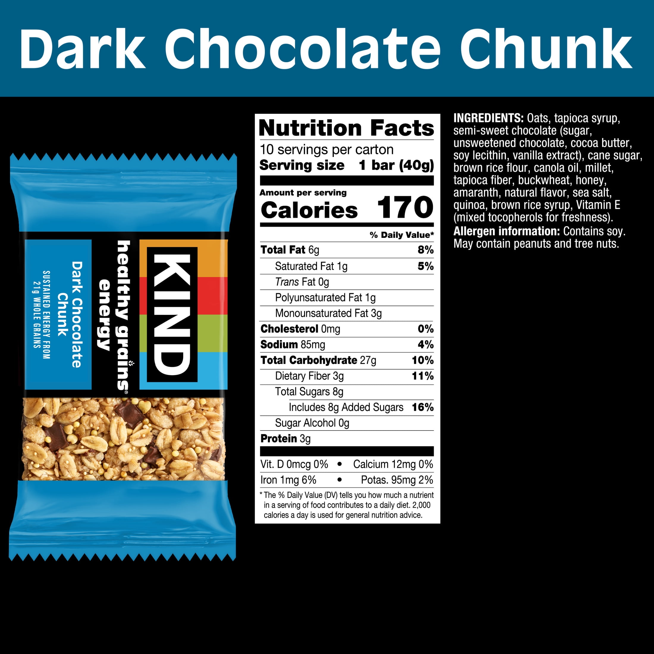 KIND Dark Chocolate Chunk Healthy Grains Energy Bars, 10 Count, 1 Cardboard Box