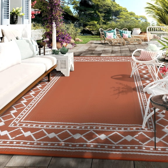 Terracotta Orange Outdoor Rug 9x18 Diamond Border Area Rugs for Indoor and Outdoor Patios and Porches - Waterproof, Washable, Non-Shedding, Easy-to-Clean Outside Carpet