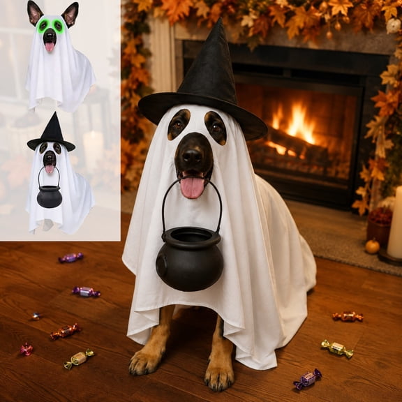 Aoznliie Dog Clothes, Halloween Witch Costume Set with Hat Candy Jar Broom Book for Small Dogs Cats, S 0-13lb 4-Piece Outfit for Party, White