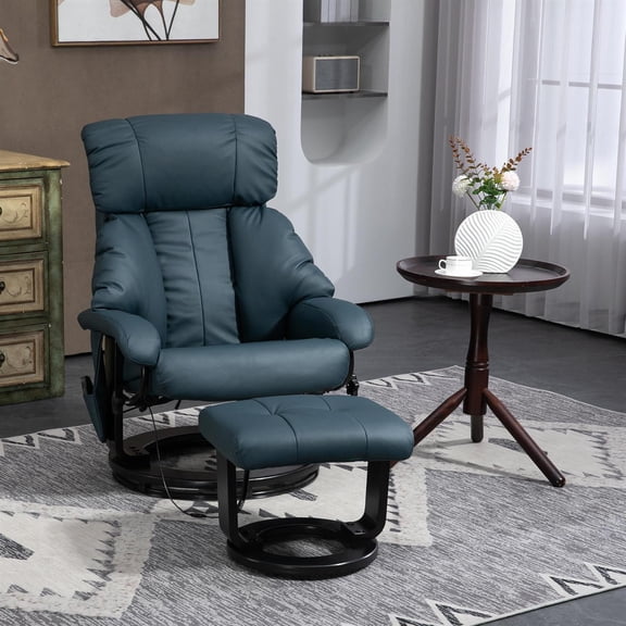 Domi Bonn Swivel Recliner with Ottoman, Faux Leather Reclining Chair with Massage, Footstool Remote and Side Pocket for Living Room, Blue