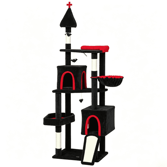 Gothic Castle Cat Tree 77.6" - Multi-Level Cat Tower with Condos, Scratching Posts & Hammock for 2-3 Cats, Black/Red/White