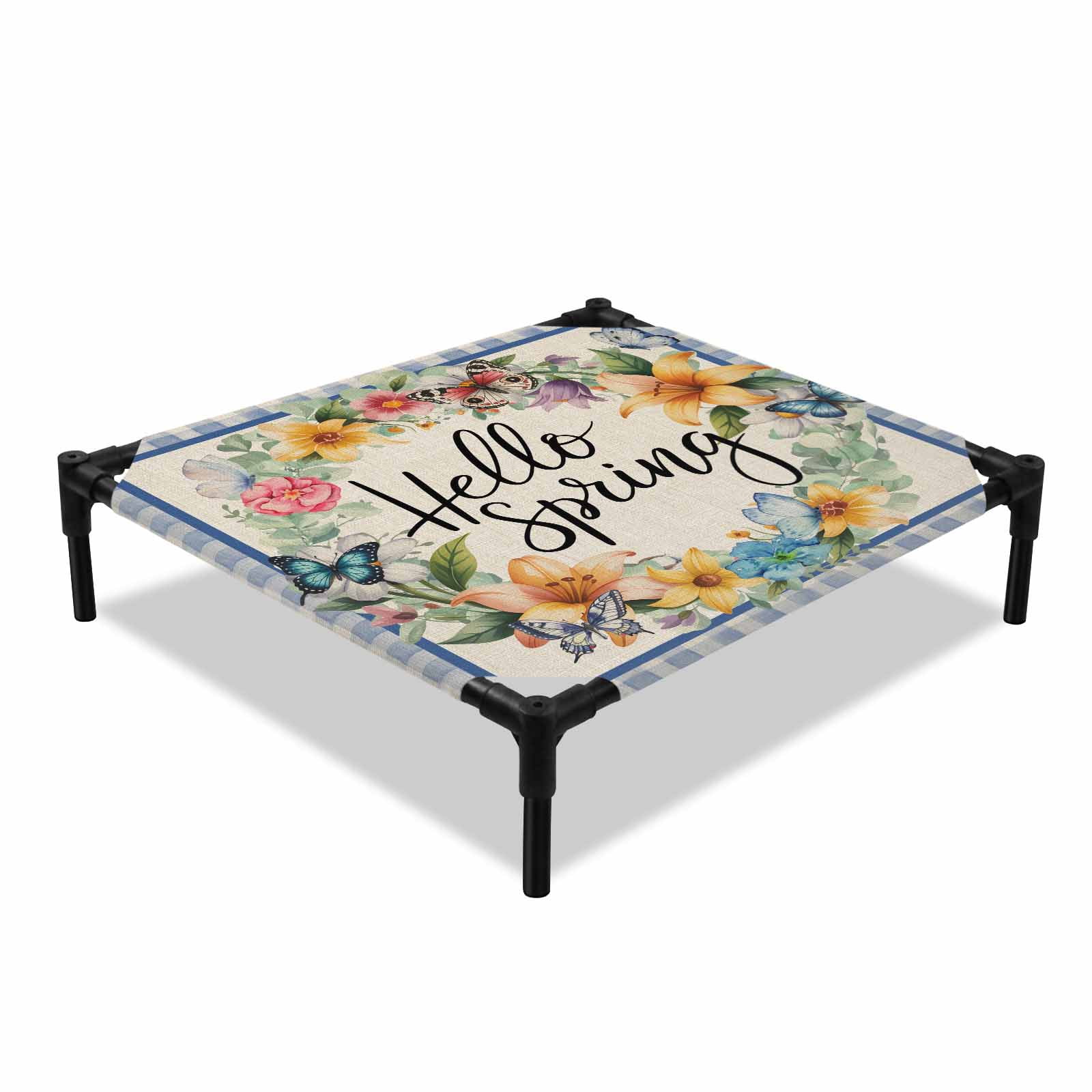 Hello Spring Elevated Dog Bed Tulips Flowers Wreath Butterfly Blue Plaid Linen Cooling Breathable Outdoor Raised Dog Cot Bed with Metal Frame Non-Slip Feet for Small Dog 20x20in