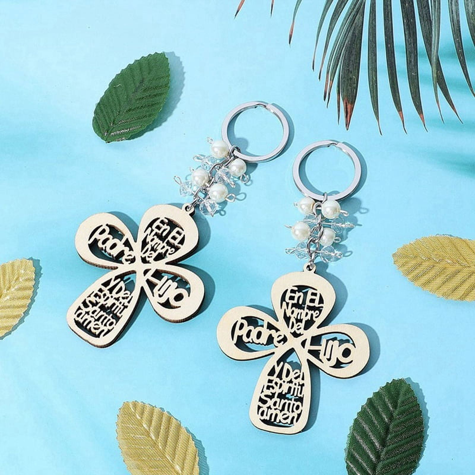 60Pcs Baptism Favor Keychain  Wooden Key Ring  Wood Design Key Ring with Bag for First Communion