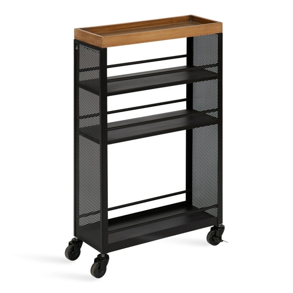 Kate and Laurel Piazza Slim Storage Cart, 18 x 7 x 30, Natural Wood and Black, Narrow Rolling Cart
