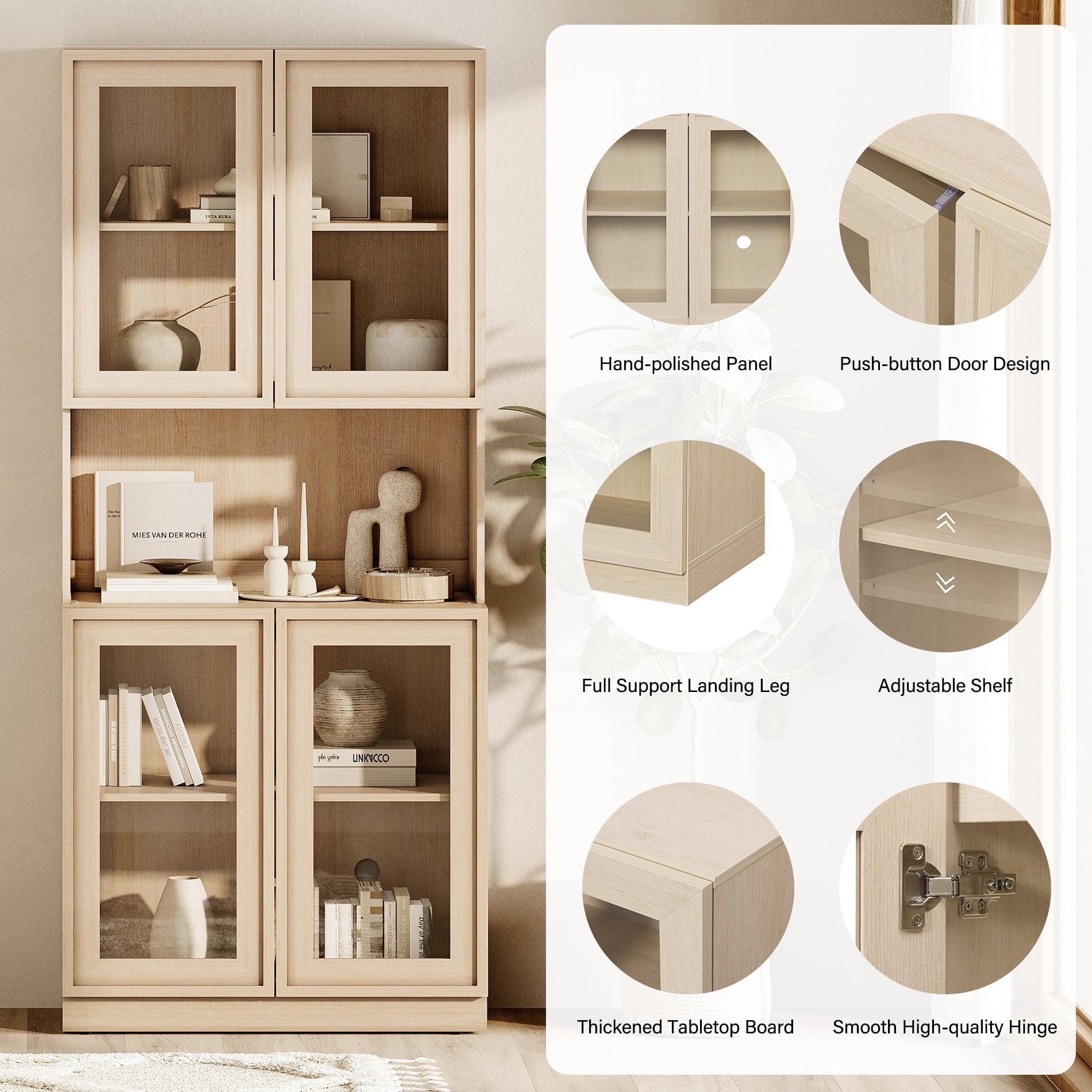 72" Tall Modern Sideboard Buffet Cabinet, Glass Door Storage Cabinet with Adjustable Shelves, Layered Wood Console Cabinet for Dining Room,Living Room, Entryway,Beige