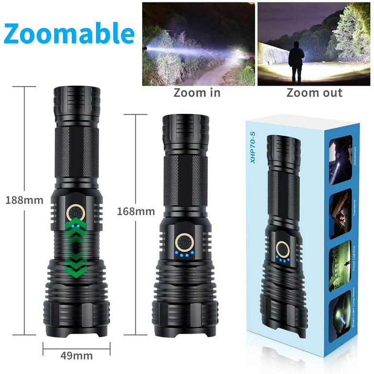 Rechargeable Flashlight High Lumens, 120000 Lumens XHP70.2 Super Bright  Powerful Tactical LED Flashlights, Zoomable, 5 Modes, Waterproof Flashlight  for Emergencies, Hiking, Camping 