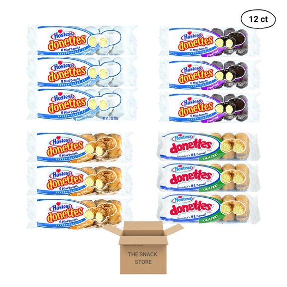 The Snack Store Variety Pack | Hostess Donettes Powdered, Frosted, Crunch, and Glazed | 12 Packs (72 Total Donettes!)