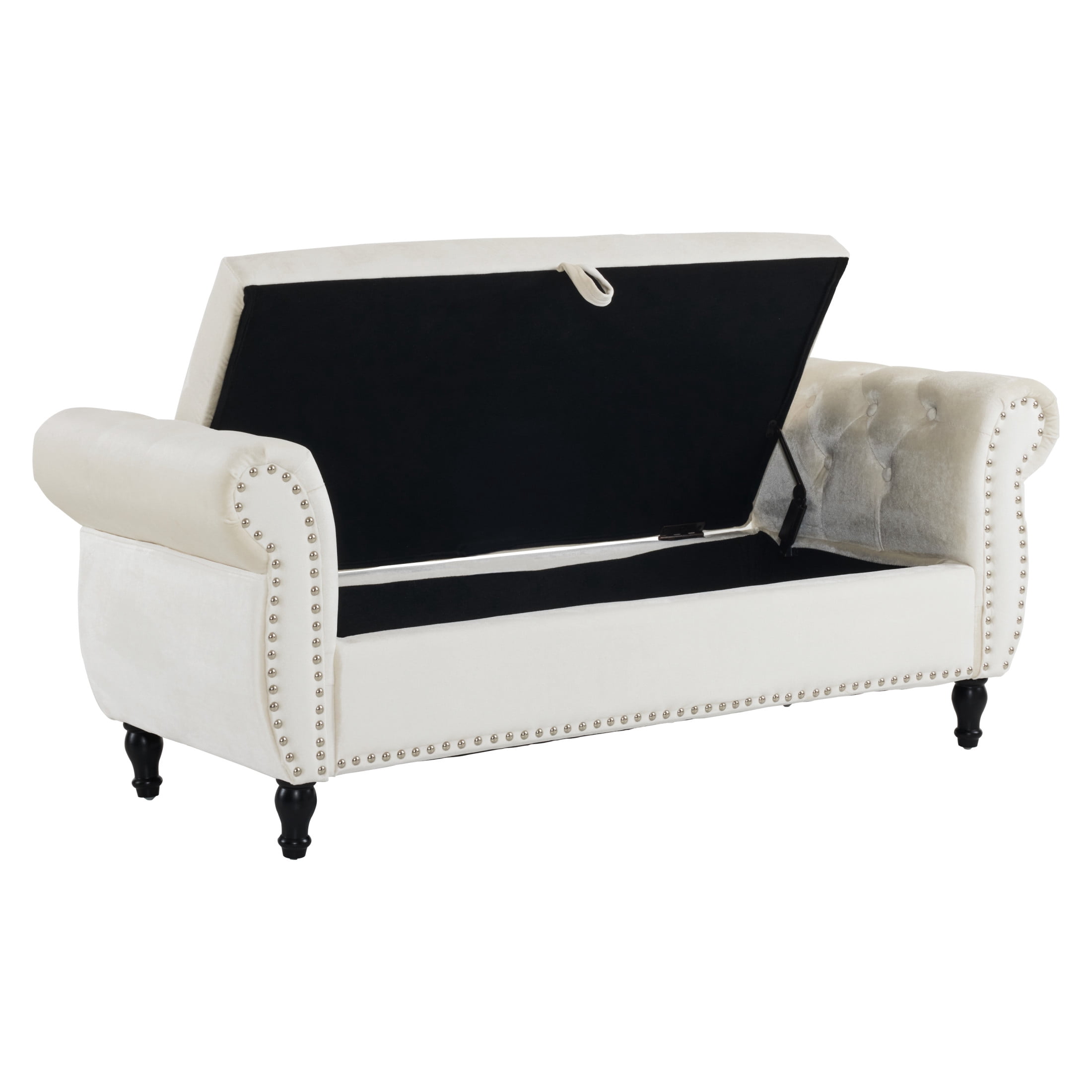Elegant Beige Velvet Storage Ottoman with Nailhead Trim & Pillow