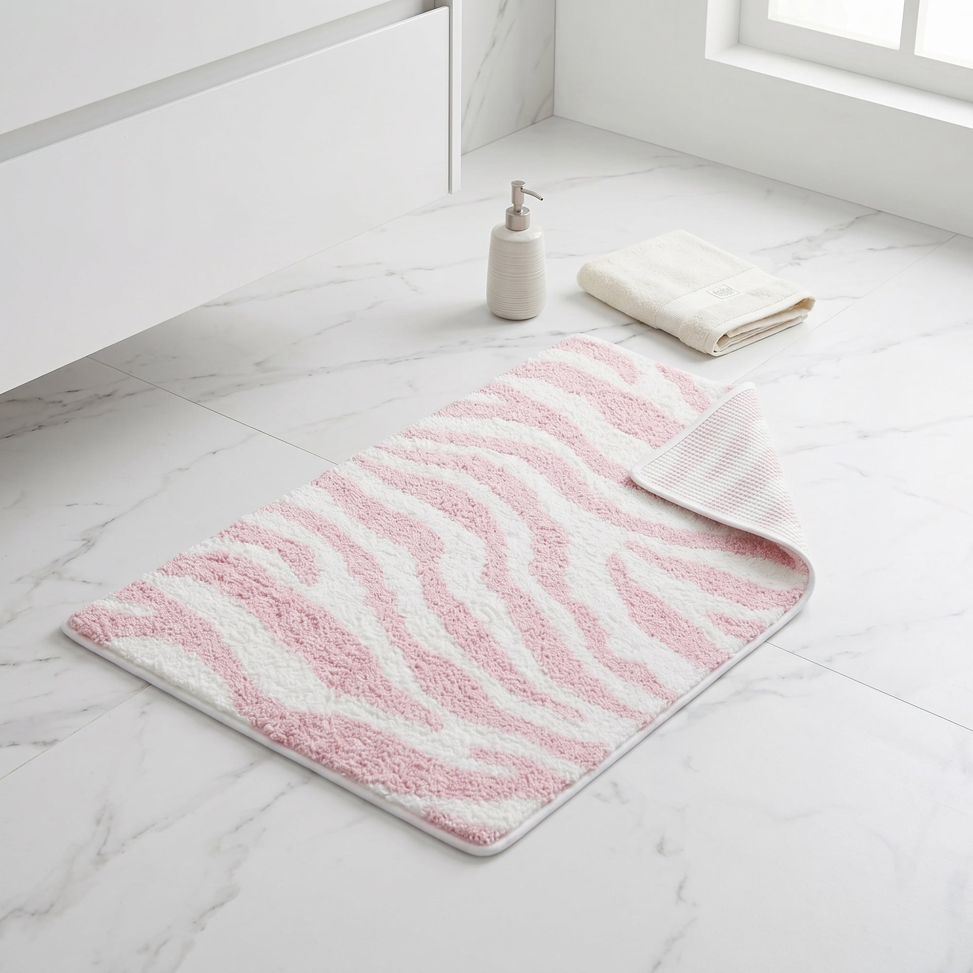Unique Bargains Zebra Print Absorbent Non Slip Machine Washable Bath Mat Pink 24" x 16"