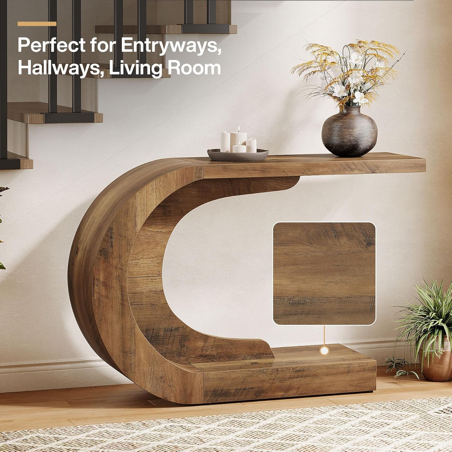 Tribesigns 43.3" C-Shaped Console Table, Mid-Century Modern Wood Entryway Hallway Table, Compact Heavy-Duty Accent Table for Living Room, Entrance, Foyer, Vintage Brown