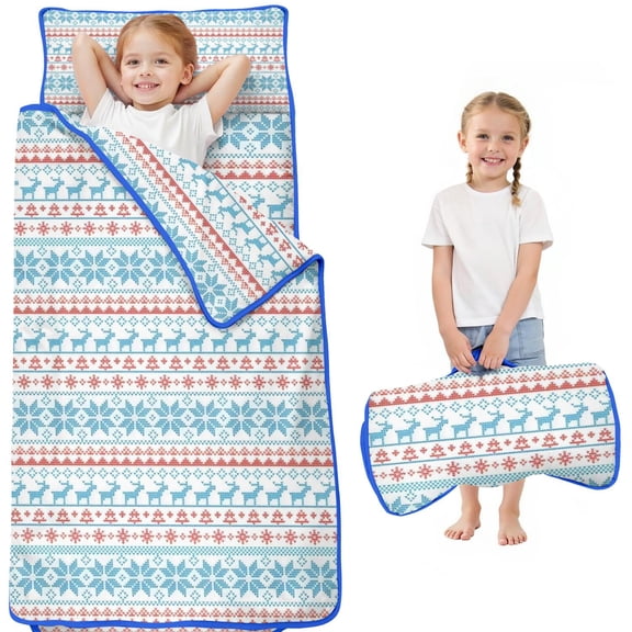Blue and Red Christmas Pattern Toddler Nap Mats for Kids Preschool,50"x20" Sleeping Mat Bag or Kids,Toddler Sleeping Bag,Toddler Nap Mat or Daycare