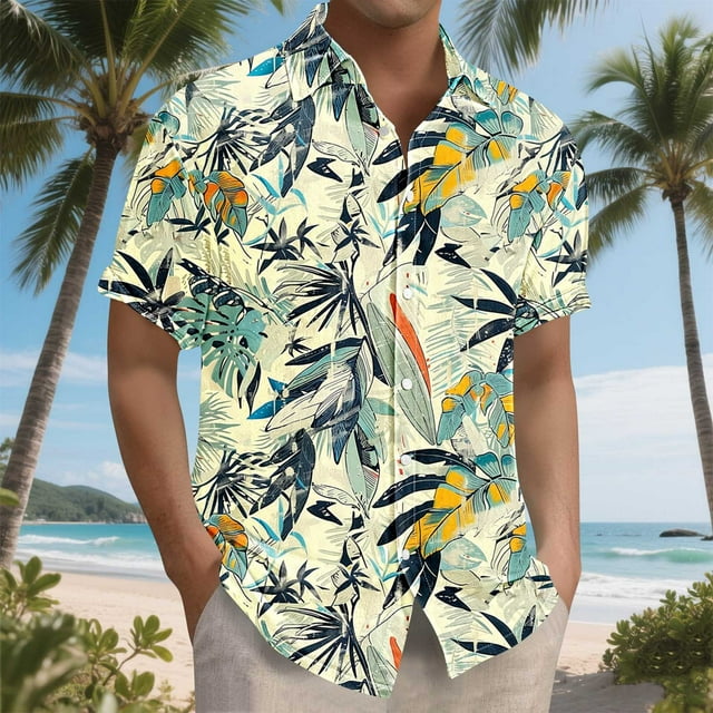 Sentmoon Mens Summer Outfits Oversized Relaxed Turndown Collar Short Sleeve Stretchy Casual Work Shirts Button Down Palm Tree Print Mens's Tops for Running or Jogging Multicolor XXXXL