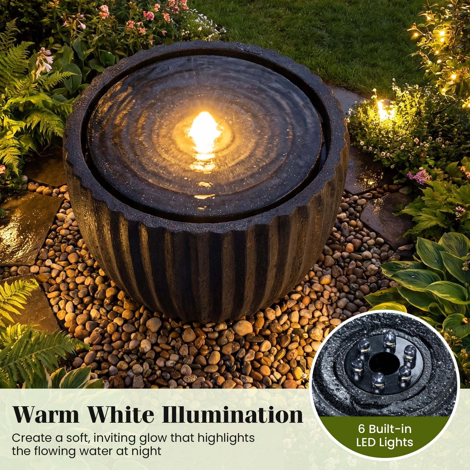 DRAZUNO 17.5" Outdoor Round Sphere Water Fountain with LED Lights & Pump, Resin Stone Look Garden Patio Water Feature for Yard, Porch, Deck