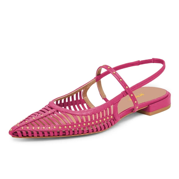 XYD Women Chic Pointed Cage Toe Studded Flats Strappy Slingback Sandals Cut-out Dressy Shoes Size 7 Pink