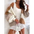 thumbnail image 3 of Women Oversized Cardigan Sweaters Open Front Color Block Lantern Long Sleeve Striped Knit Outwear Coats Khaki M, 3 of 8