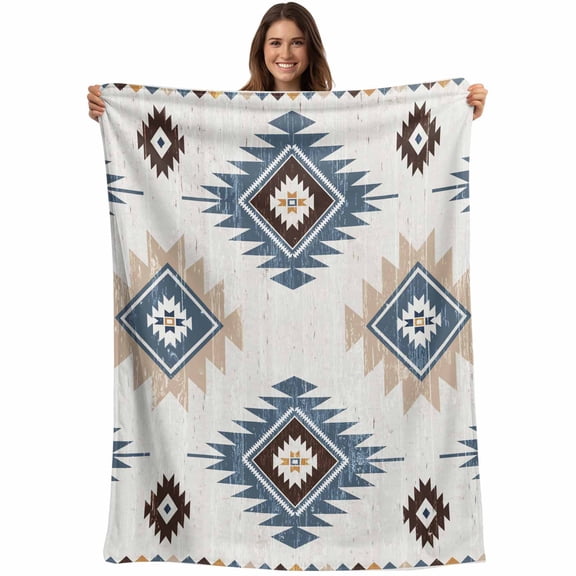 Blue Aztec Blanket Soft Cozy Warm Throw Blanket for Couch, Plush Fuzzy Flannel Fleece Blankets for Sofa, Southwest Boho Tribe Abstract Geometric Art Bed Blankets Lightweight Gifts for Women, 50"x80"