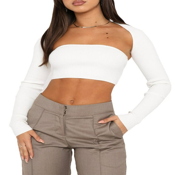 Ensemble de Chemise Courte à Manches Longues pour Femmes, Débardeur Tube avec Boléro Tricoté Côtelé 2 Pcs T-Shirt Mode Urbaine Blanc G