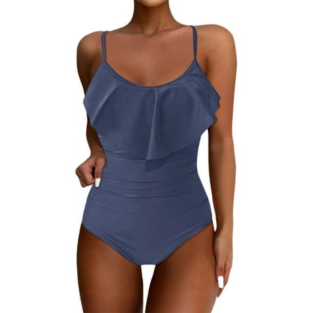 Biziza One Piece Swimsuit for Women Padded 2025 Blue Basic Ruffled Solid Color with Built in Bra Trendy Tummy Control Swimsuits Mock Turtleneck Spandex Ruffle Bathing Suits