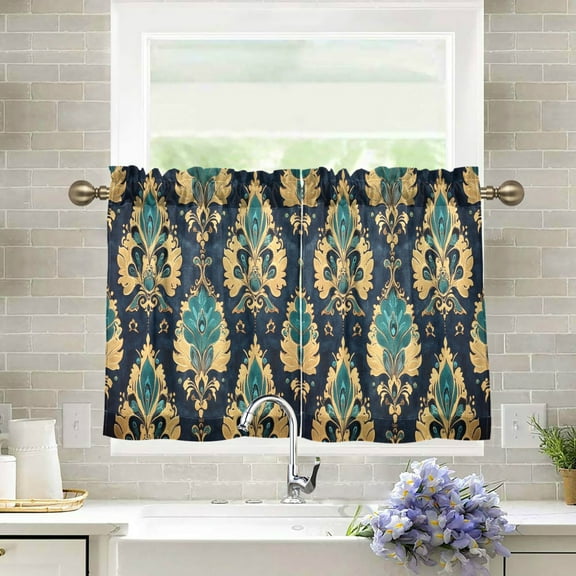 Yayeee Kitchen Curtains Tier Pair Light Filtering 27"x24" Rod Pocket Short Cafe Window Panel, Green Peacock Pattern