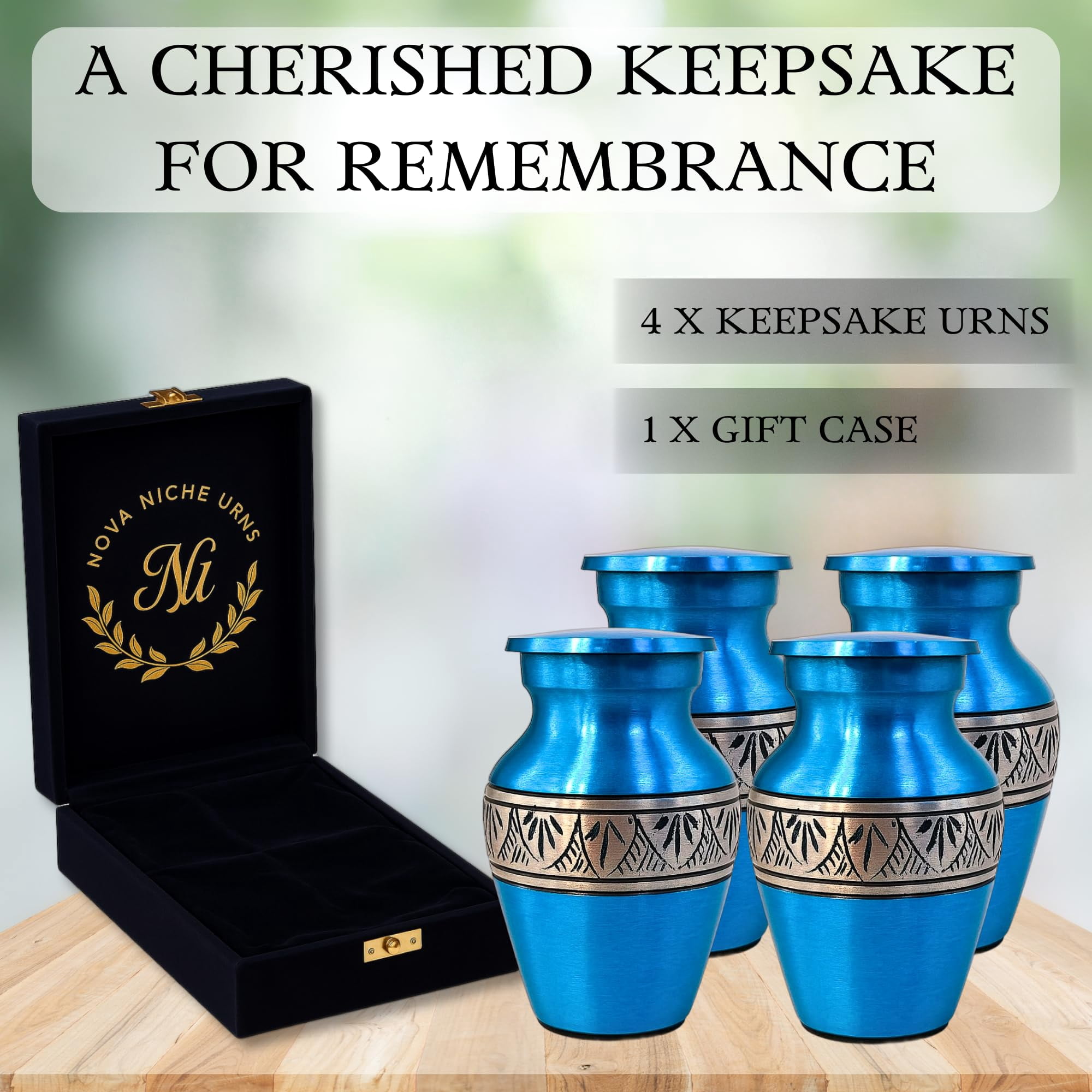 Nova Niche Small Violet Blue Aluminium Cremation Urns for Human Ashes – Mini Memorial Keepsake Set of 4 with Velvet Case