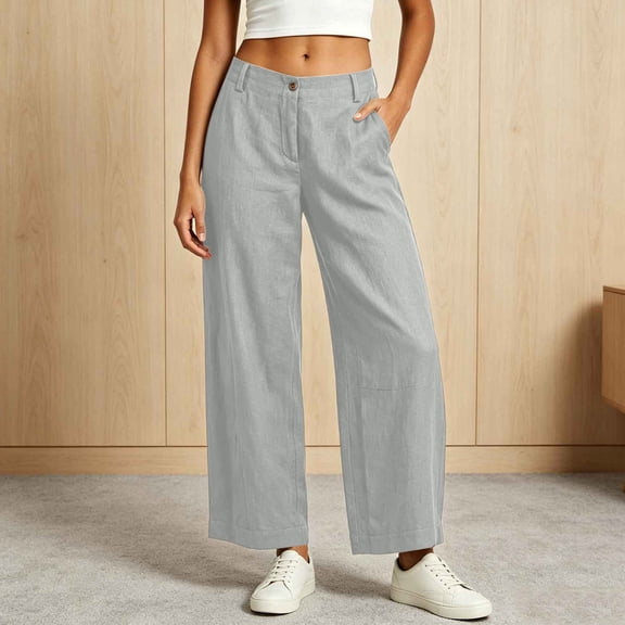 Xdegoge Straight Leg Linen Pants for Women Comfy Business Casual Work High Waisted Office Bottoms with Pockets Relaxed Fit Summer Dressy Trousers