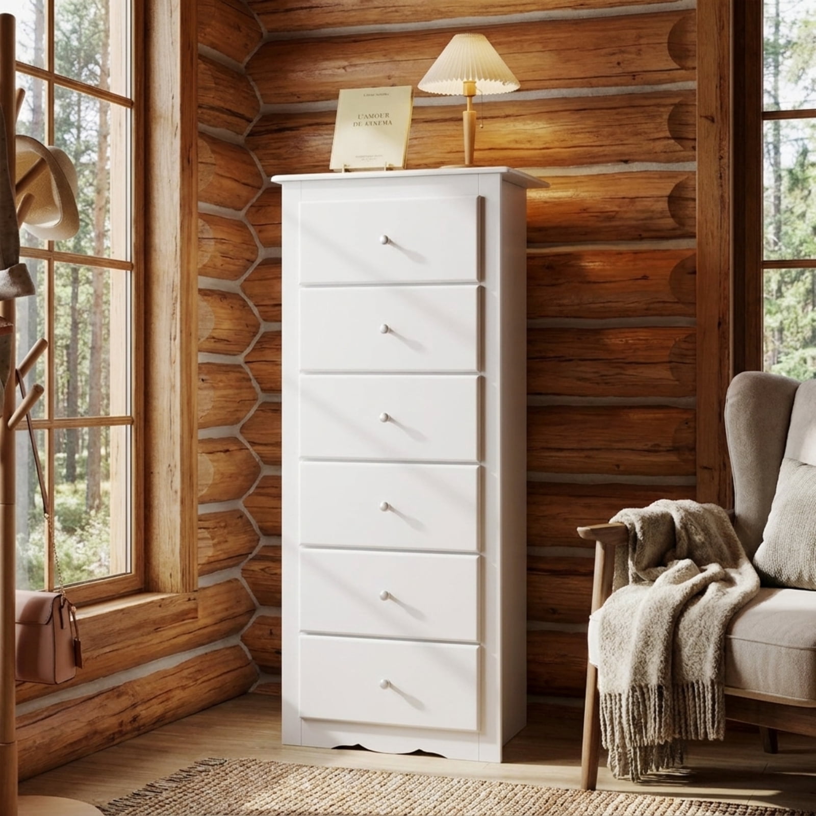 Furnibear Tall Dresser for Bedroom with 6 Drawers and Wheels Chest of Drawers Clothes Storage Cabinet for Closet Home Office and Entryway, White