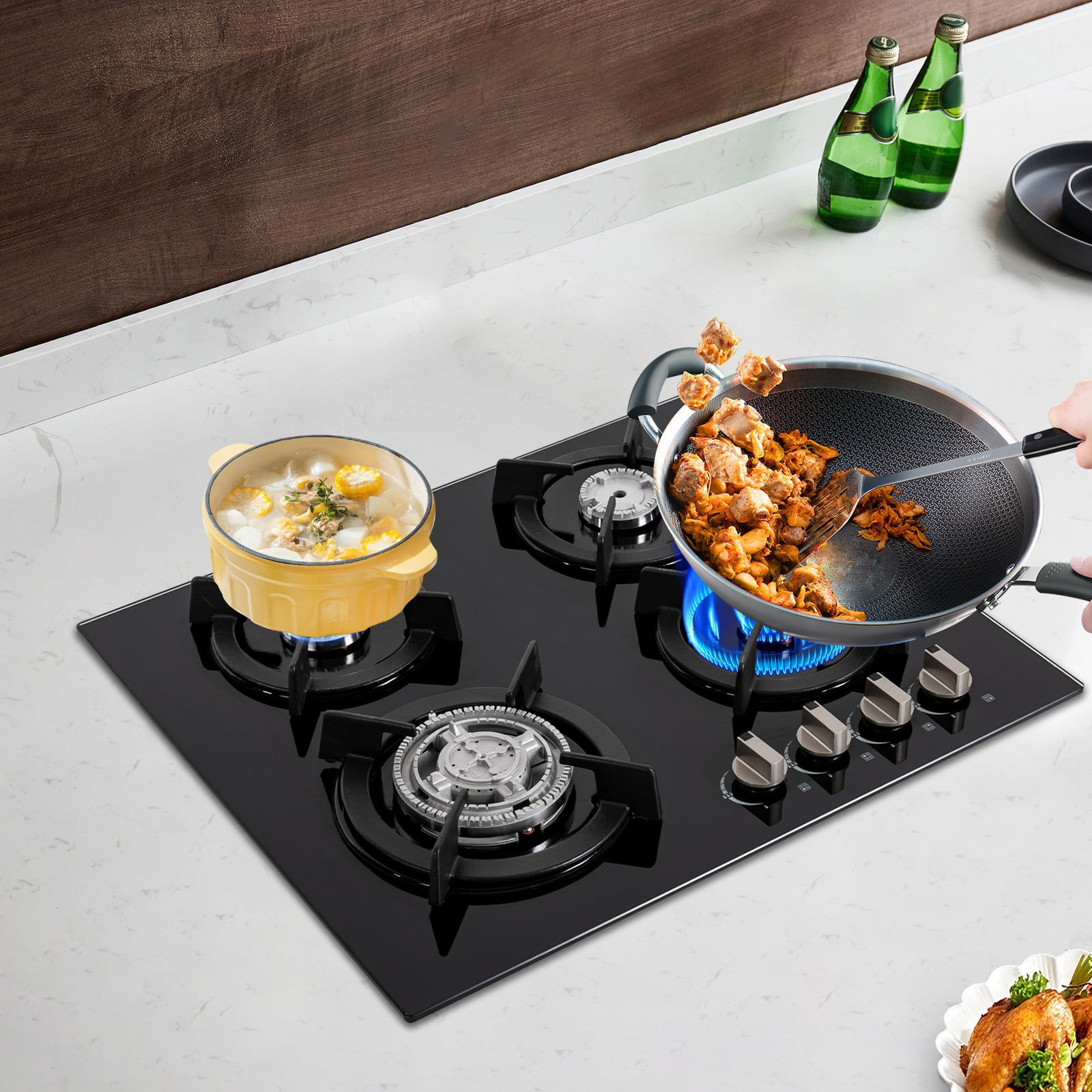 23.23*20.08in Gas Cooktop Stove Top 4 Burners NG/LPG Built-in Kitchen Gas Stove Tempered Glass Black