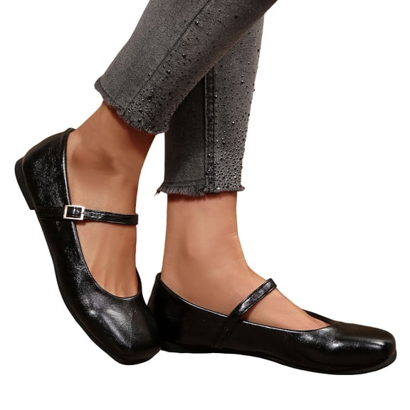Rokment Vintage Ballet Flat Dress Shoes for Women 2026 Spring Fall Soft Casual Leather Square Toe Ankle Strap Low Heels Mary Jane Bridal Dressy Shoes Black Size 6