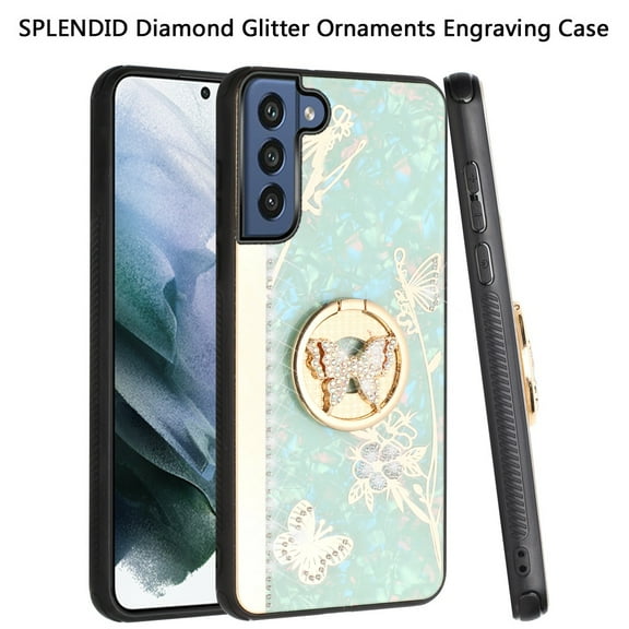 For Samsung Galaxy S22 Ultra Diamond Bling Sparkly Ornament Engraving Hybrid with Ring Stand Holder Rugged Fashion Cover ,Xpm Phone Case [ Teal Butterfly ]