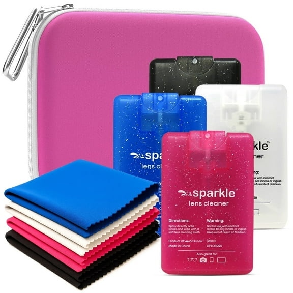 OPTIPAK Sparkle Anti-Reflective Safe Square Lens Cleaner Spray Kit – 4 (20ml) Glasses Cleaner Spray with Microfiber Cloths & Travel Pouch for Eyeglasses, Lenses & Camera Cleaning Kit (9 Piece Set)