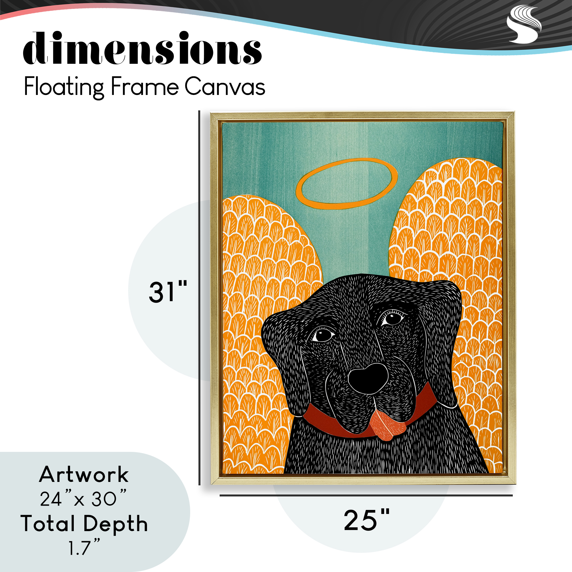 Dog Angel with Yellow Wings Gold Framed Floater Canvas Wall Art, design by Stephen Huneck