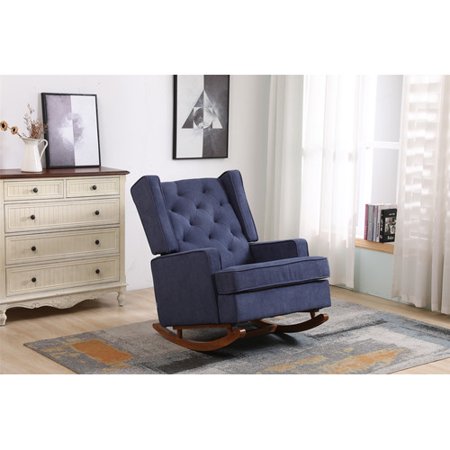 JINS & VICO Upholstered Rocking Chair  Modern Linen Wingback Accent Chair with Arms and Solid Wood Base Mid-Century Modern Rocking Armchair for Nursery  Living Room  Bedroom Blue