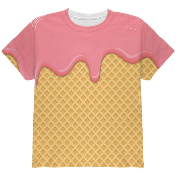 Strawberry Pink Melting Ice Cream Cone All Over Youth T Shirt Multi YXL