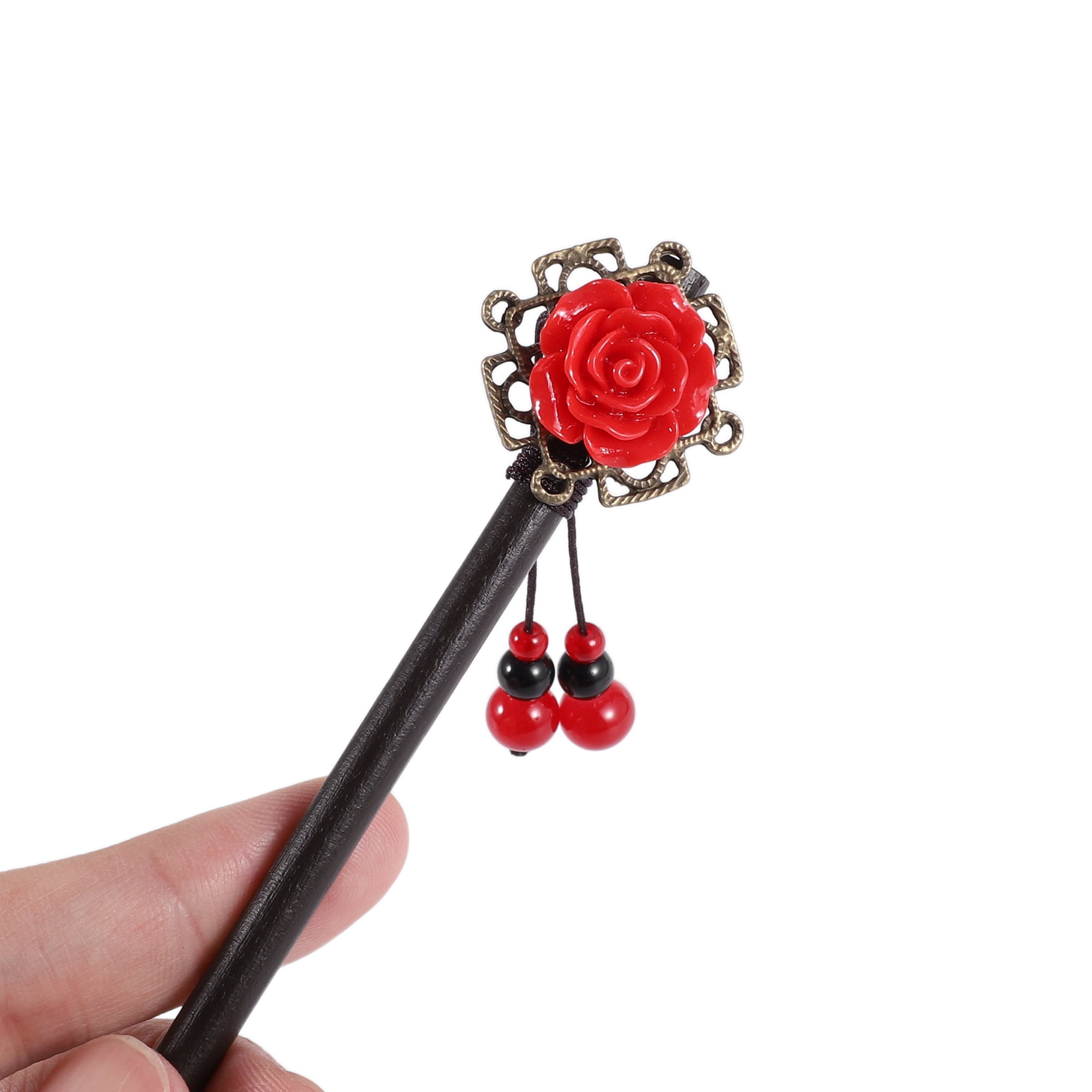 Unique Bargains Hair Chopstick for Women Black Red 1 Pc [Flower Tassel]