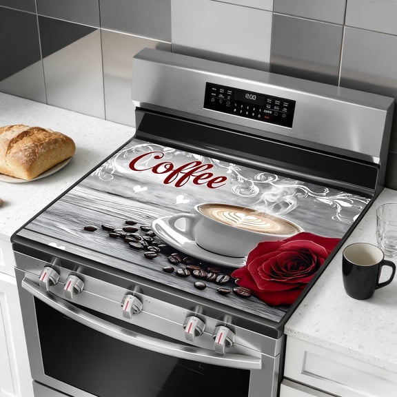 Glass Stove Top Cover 28 x 20 Inch for Electric Stove, Heat Resistant Cooktop Cover, Multipurpose Countertop Protector for Stove/Counter/Washer/Dryer, Anti-Dust, Easy to Clean, Coffee Pattern
