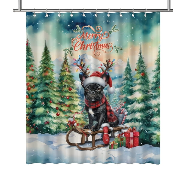 Merry Christmas Santa Reindeer Antlers French Bulldog Sleigh Xmas Winter Holiday Shower Curtain Dog Lover Gifts Waterproof Bathroom Bathtub Curtain - 00023