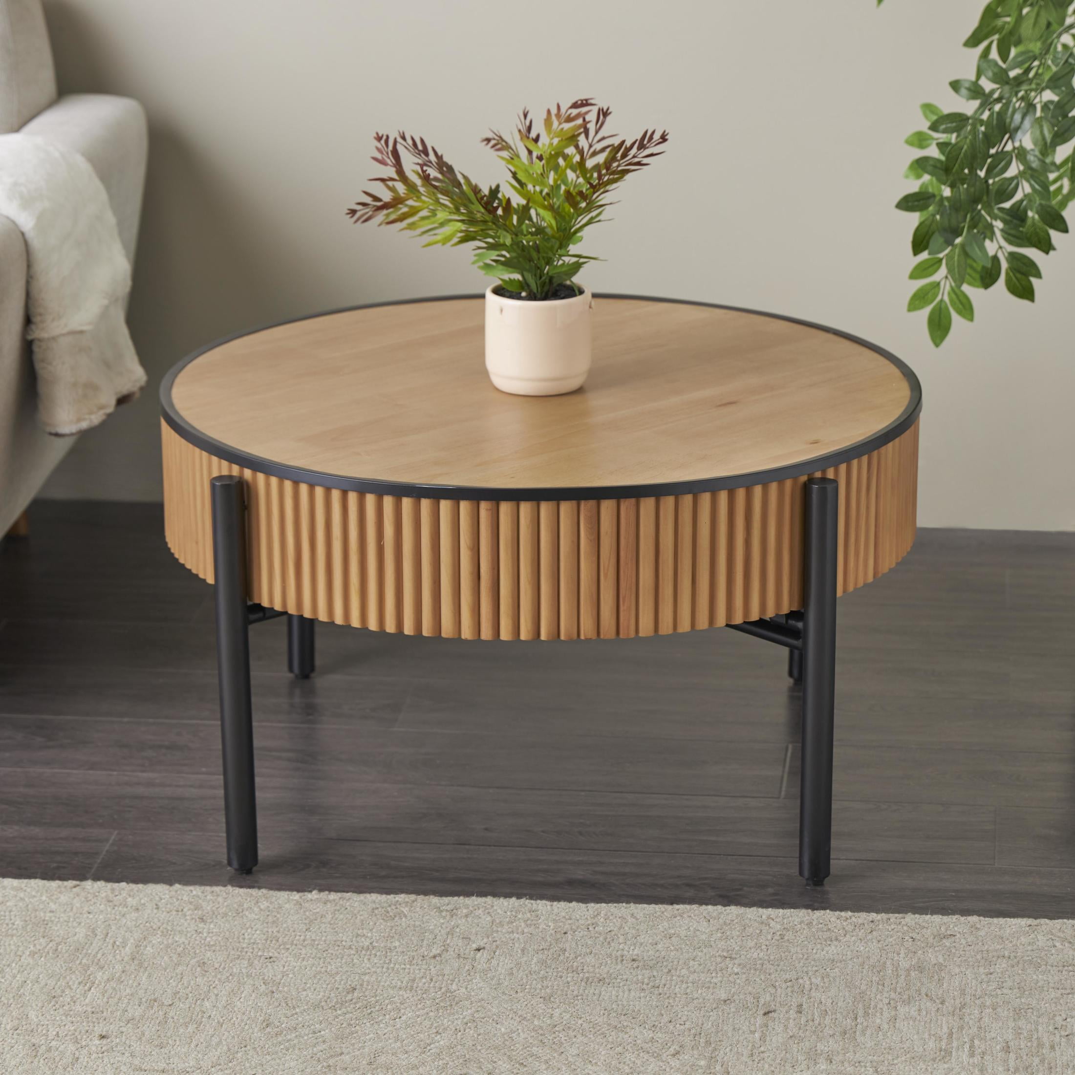 DecMode 32" x 17" Brown Wooden Handmade Slatted Coffee Table with Black Metal Legs, 1-Piece