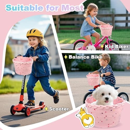 Kids Bike Basket Rope Woven Front Bicycle Basket for Boys Girls Kids Front Handlebar Basket for Scooter,Balance Bikes Cute Bike Basket with Colored Spots