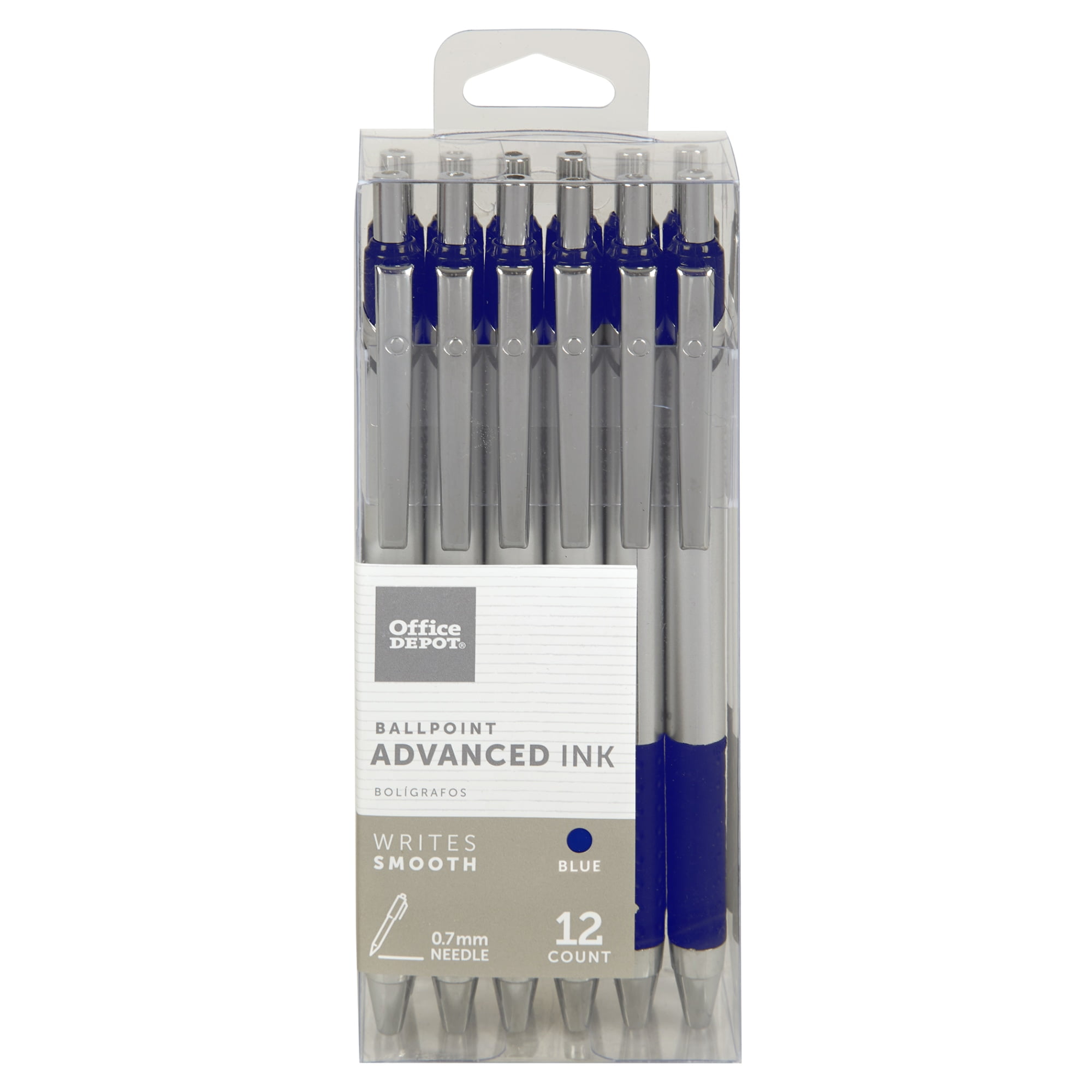 Office Depot Advanced Ink Retractable Ballpoint Pens, Needle Point,  mm,  Silver Barrel, Blue Ink, Pack Of 12 