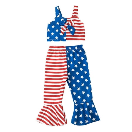 

Kids Baby Boy Girl Clothes Set Toddler Kids Girls 1-5Y Sleeveless Independence Day 4Th-Of-July Stars Striped Printed Bowknot Vest Tops Flare Pants Outfits