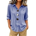 thumbnail image 2 of Womens Plus Size Tops Cotton Linen 3/4 Sleeve Shirts for Women Button Down Plaid Printed Lapel Loose Summer Fall Top S-4XL, 2 of 5