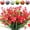 Red, variant on Morttic 6 Bunches Artificial Camellia Flowers Eucalyptus Leaves Shrubs for Outdoor, Fake Plants Plastic Greenery Shrubs for Home Office Balcony Patio Garden Wedding Decor (Purple)