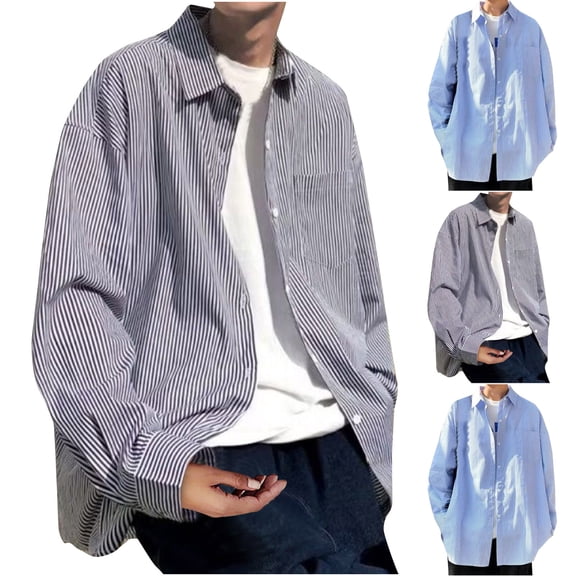 PIWHJQK Men Long Sleeve Button Down Shirts Men Stripe Long Sleeve Button Down Collar Pocket Shirt for Regular Casual Shirts