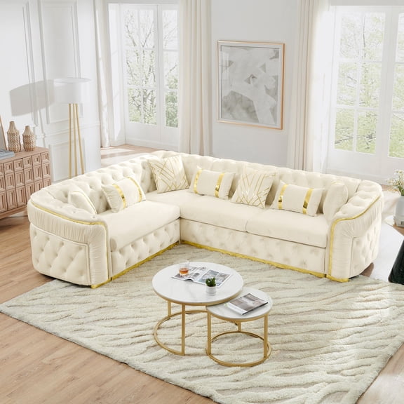 LLappuil Sectional Sofa, 111" Chesterfield Sofa with Curved Arm Button Tufted, Velvet Cloud Sofa Couch for Living Room Beige