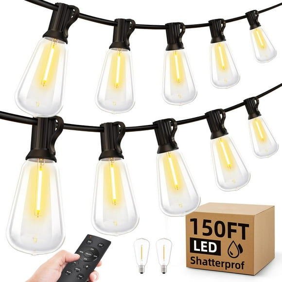 Cadena de luces LED para exteriores para patio, 150 pies, 45 m, luz exterior impermeable con control remoto regulable ST38, bombilla inastillable, conectable, iluminación eléctrica para exteriores, pa