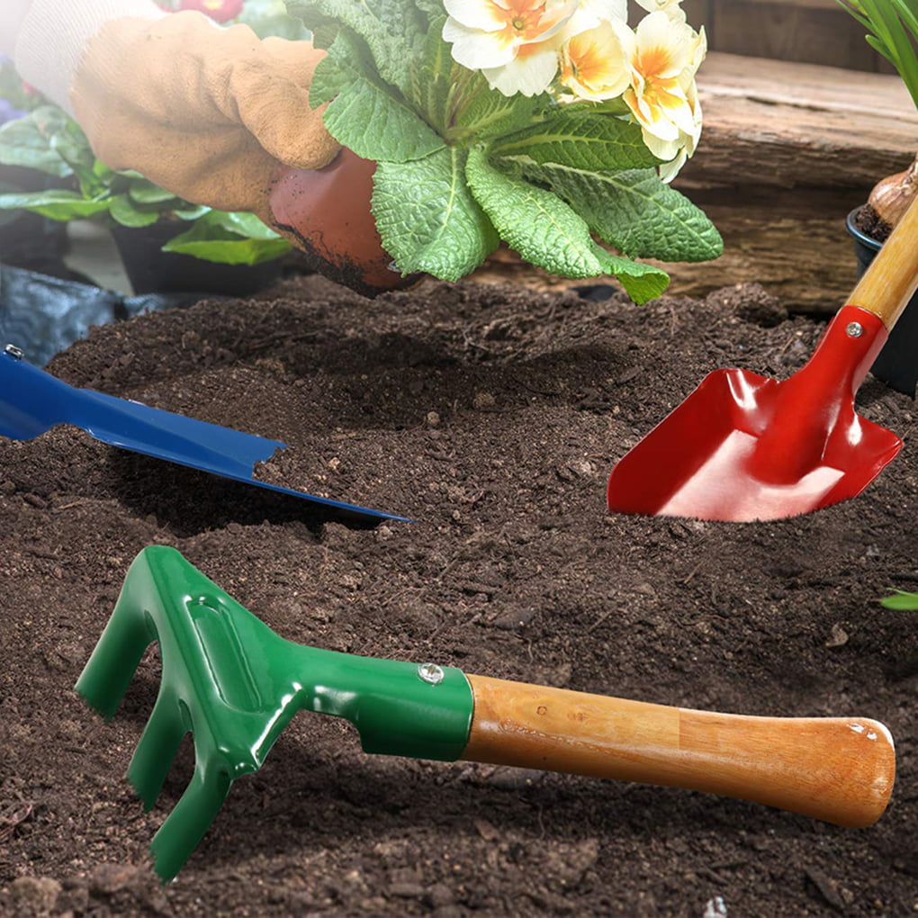 Gardening Hand Tools 3-Piece Set w/ Wood Handles ~ Trowel Fork & Weeder 