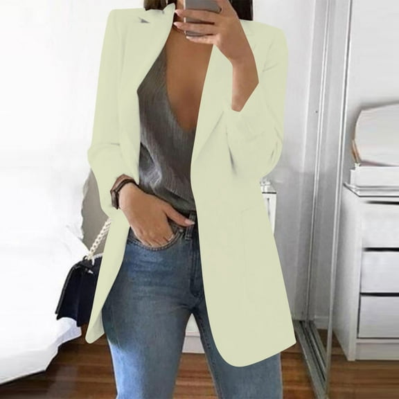 Jacenvly 2024 Blazers for Women Lapels Long Sleeve Mid-Length Office Suit Blouse Pocket Solid Cardigan Coat Soft Comfort Fashion Refined Slimming Top
