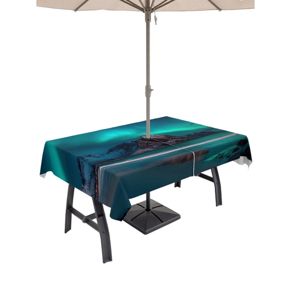 Outdoor Tablecloth with Umbrella Hole for Patio/Picnic/Party/Camping, Teal Blue Mountain Waterproof Table Cloth Rectangle Table Cover Washable, Modern Art Waves Seaside (60"x 84")